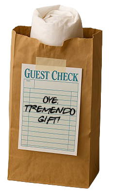 Club Camiseta signature brown bag packaging with rolled shirt and guest check